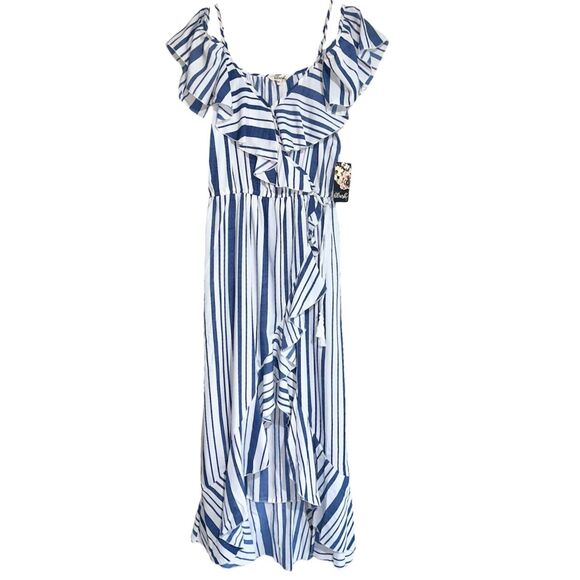 Blue White Off The Shoulders Ruffles Striped Maxi Sun Dress Size XL Womens - Picture 2 of 15